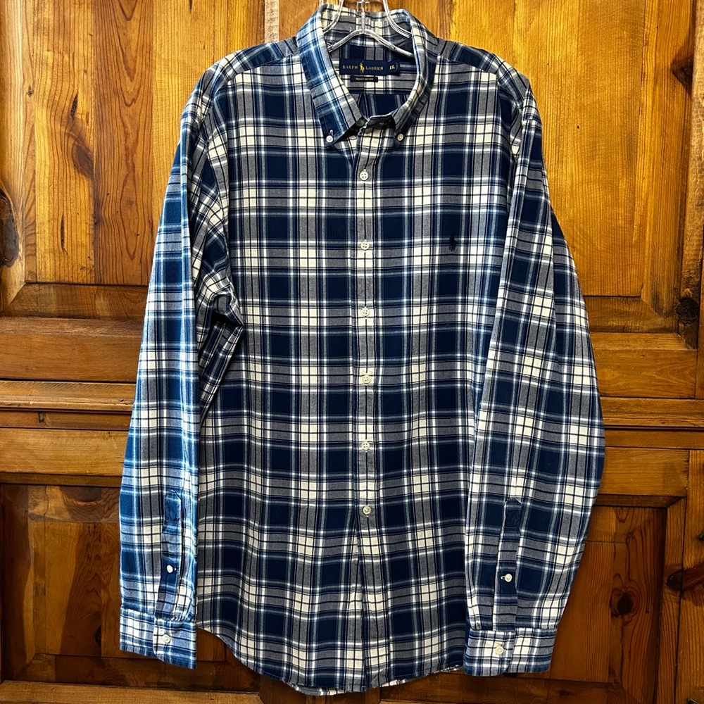 Ralph Lauren Shirt Indigo Oxford Blue Plaid Long Sleeve Button Up Men's Size XXL